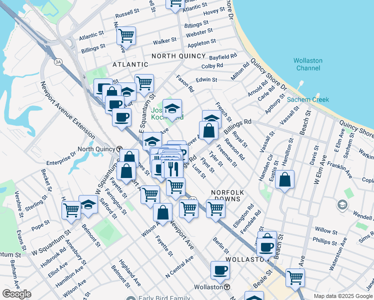map of restaurants, bars, coffee shops, grocery stores, and more near 67 Billings Road in Quincy