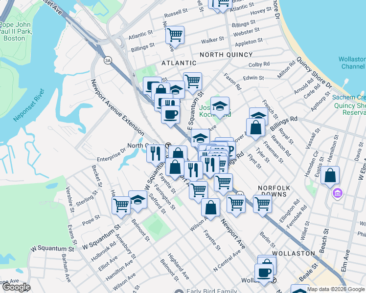map of restaurants, bars, coffee shops, grocery stores, and more near 24 Holmes Street in Quincy