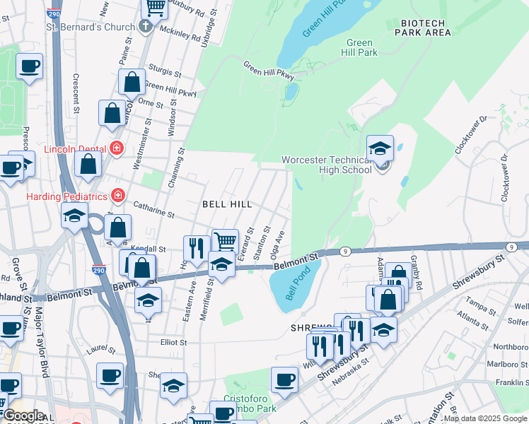 map of restaurants, bars, coffee shops, grocery stores, and more near 38 Everard Street in Worcester