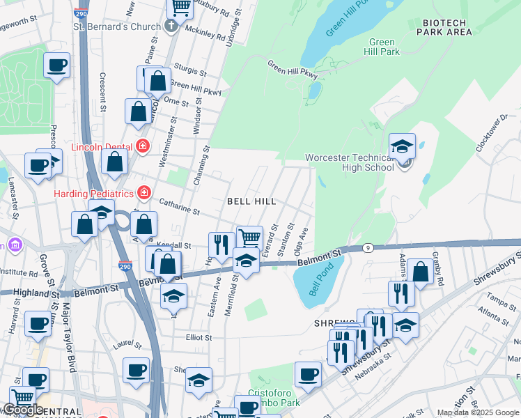 map of restaurants, bars, coffee shops, grocery stores, and more near 57 Rodney Street in Worcester