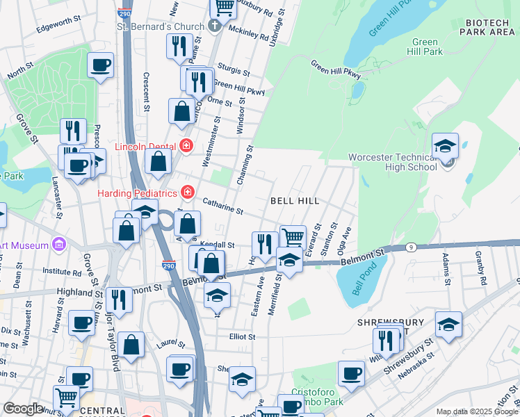 map of restaurants, bars, coffee shops, grocery stores, and more near 31 Hooper Street in Worcester