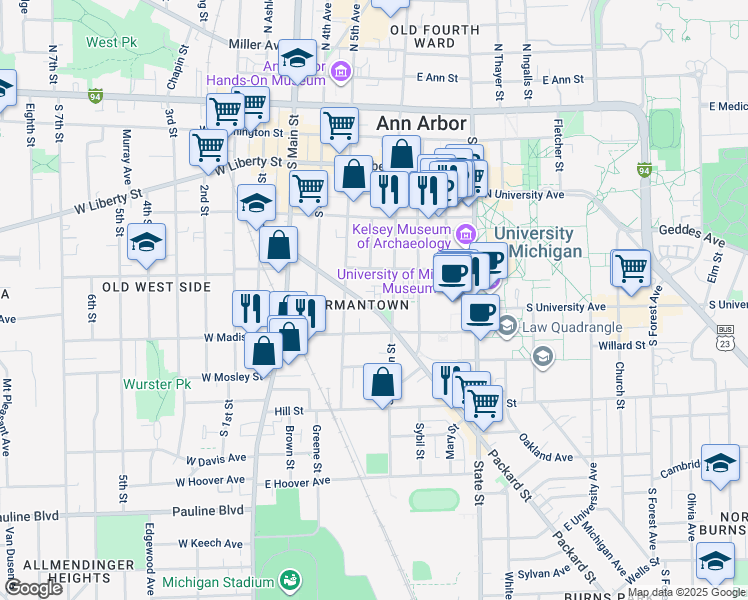 map of restaurants, bars, coffee shops, grocery stores, and more near 330 Packard Street in Ann Arbor