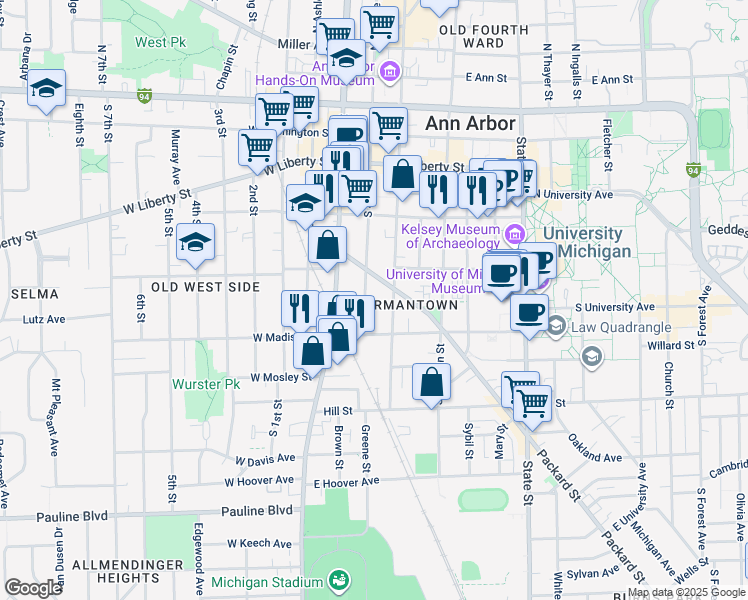 map of restaurants, bars, coffee shops, grocery stores, and more near 554 South 5th Avenue in Ann Arbor