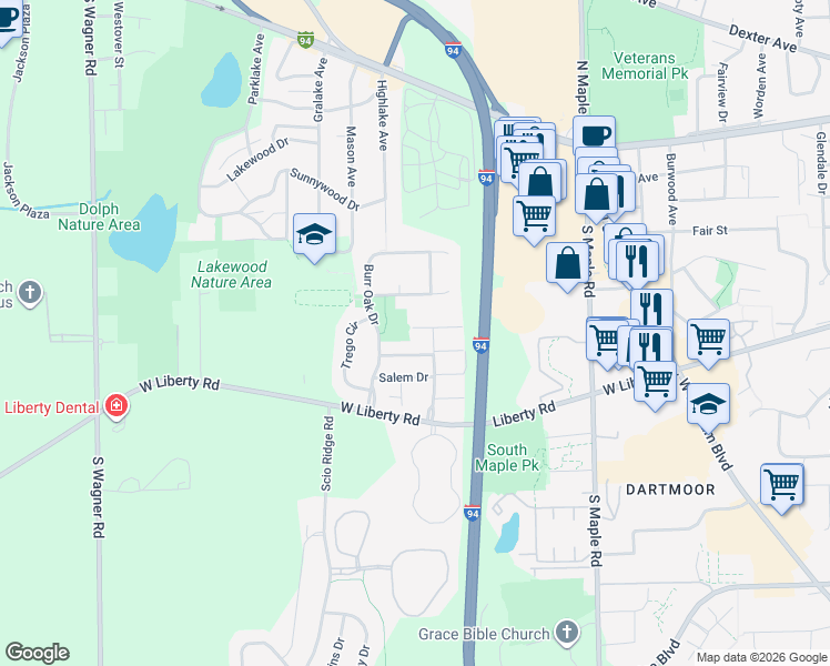 map of restaurants, bars, coffee shops, grocery stores, and more near 2921 Philadelphia Street in Ann Arbor