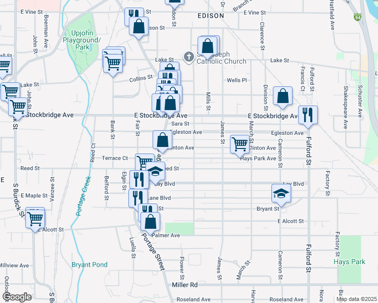 map of restaurants, bars, coffee shops, grocery stores, and more near 1707 Race Street in Kalamazoo