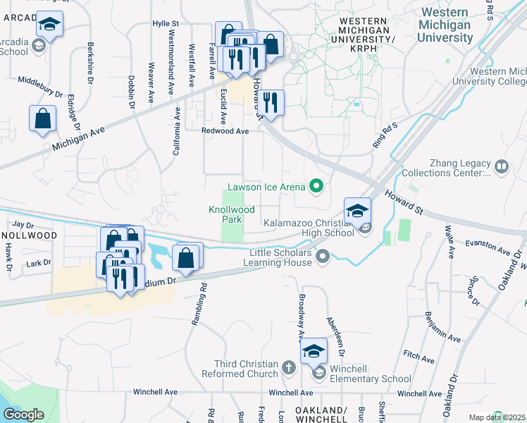 map of restaurants, bars, coffee shops, grocery stores, and more near 1711 Lafayette Avenue in Kalamazoo