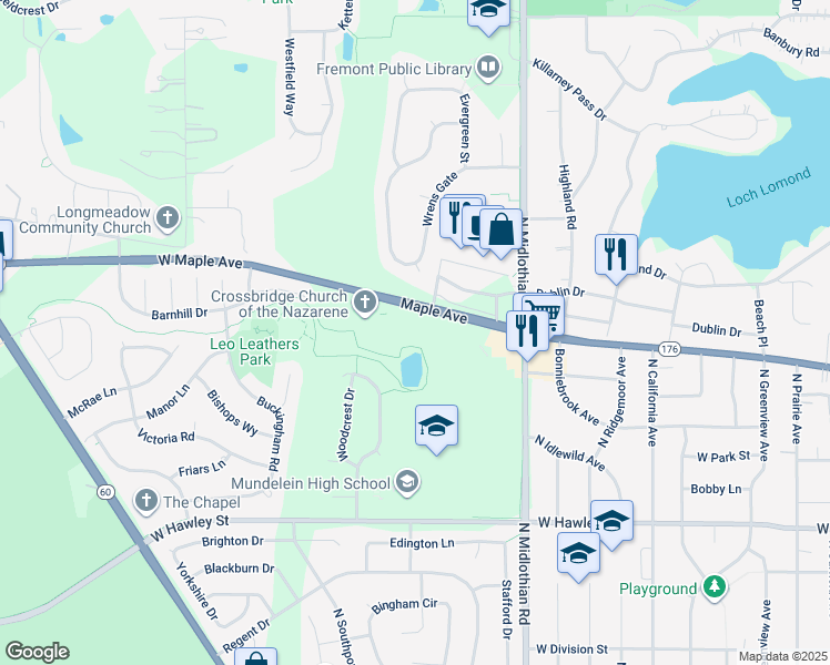 map of restaurants, bars, coffee shops, grocery stores, and more near 1353 West Maple Avenue in Mundelein