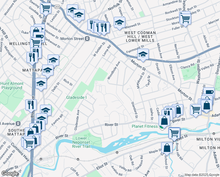 map of restaurants, bars, coffee shops, grocery stores, and more near 61 Woodruff Way in Boston
