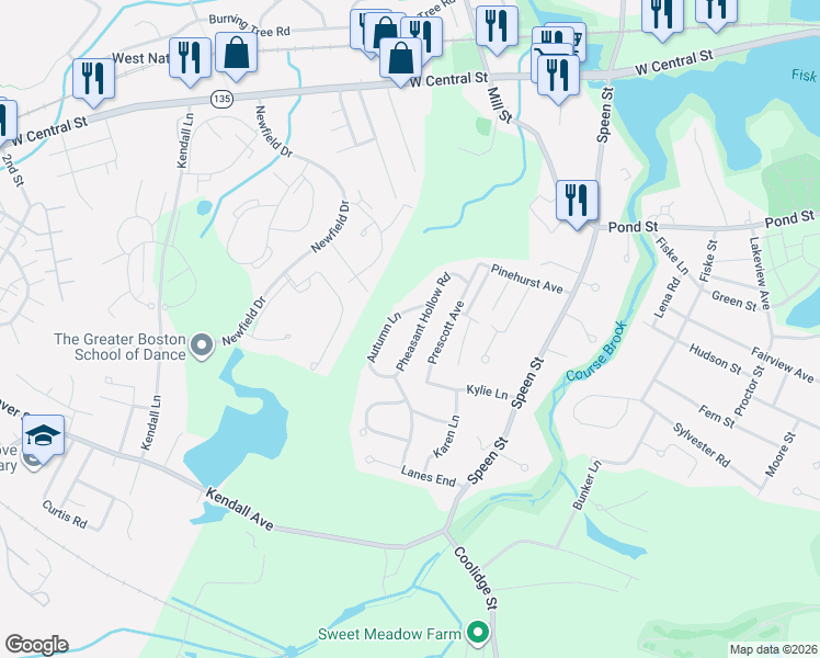 map of restaurants, bars, coffee shops, grocery stores, and more near 18 Pheasant Hollow Road in Natick