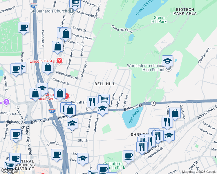 map of restaurants, bars, coffee shops, grocery stores, and more near 57 Rodney Street in Worcester
