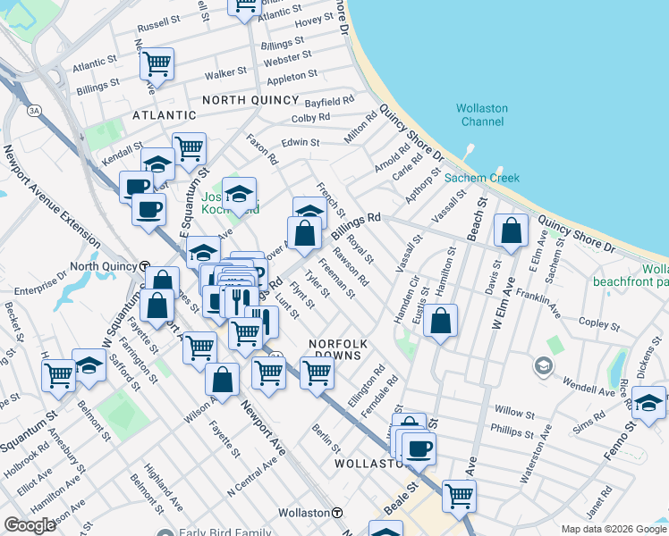 map of restaurants, bars, coffee shops, grocery stores, and more near 39 Freeman Street in Quincy
