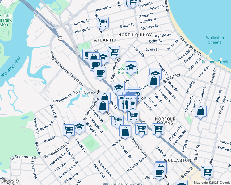 map of restaurants, bars, coffee shops, grocery stores, and more near Hancock Street in Quincy