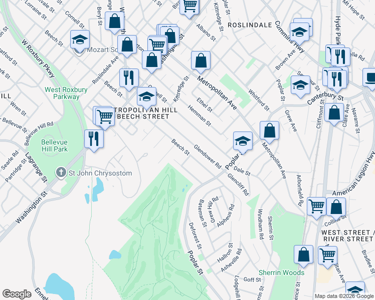map of restaurants, bars, coffee shops, grocery stores, and more near 504 Beech Street in Boston
