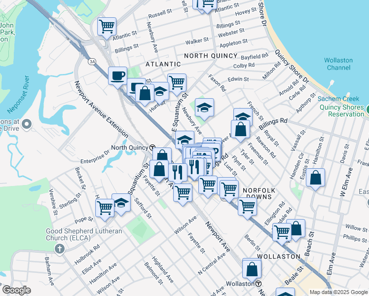 map of restaurants, bars, coffee shops, grocery stores, and more near in Quincy