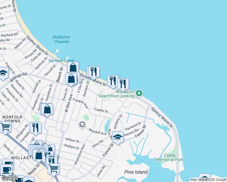 map of restaurants, bars, coffee shops, grocery stores, and more near 861 Quincy Shore Drive in Quincy