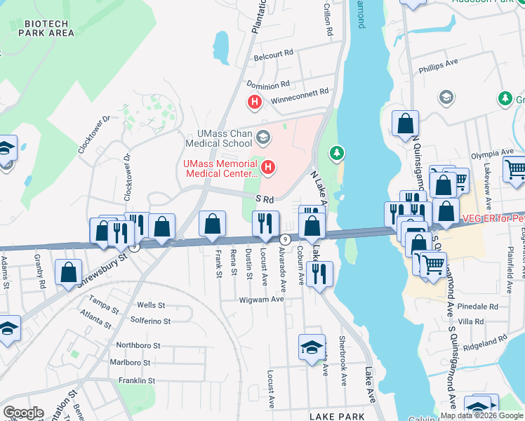 map of restaurants, bars, coffee shops, grocery stores, and more near 55 Lake Avenue in Worcester