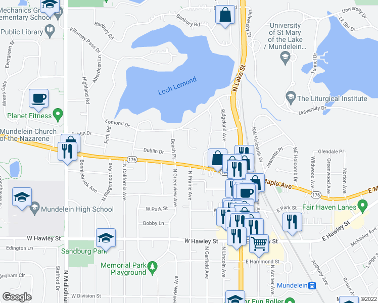 map of restaurants, bars, coffee shops, grocery stores, and more near 824 Braemar Drive in Mundelein