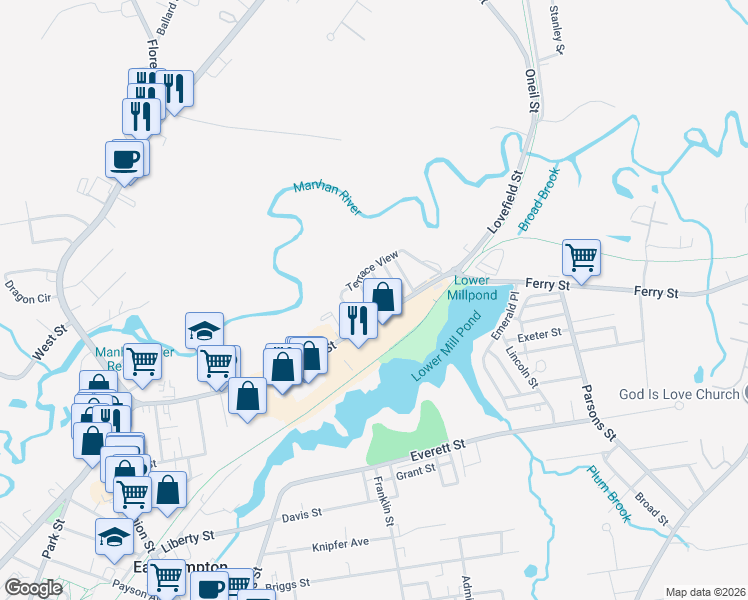 map of restaurants, bars, coffee shops, grocery stores, and more near 16 Arlington Street in Easthampton