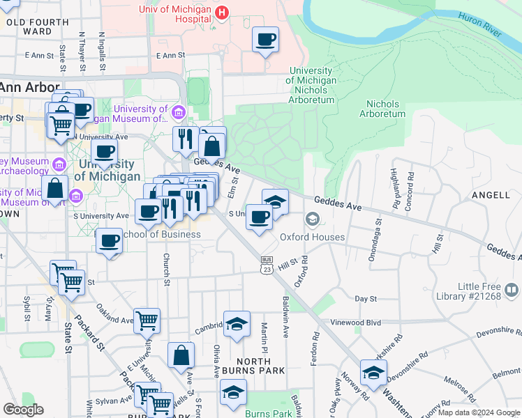 map of restaurants, bars, coffee shops, grocery stores, and more near 1527 South University Avenue in Ann Arbor