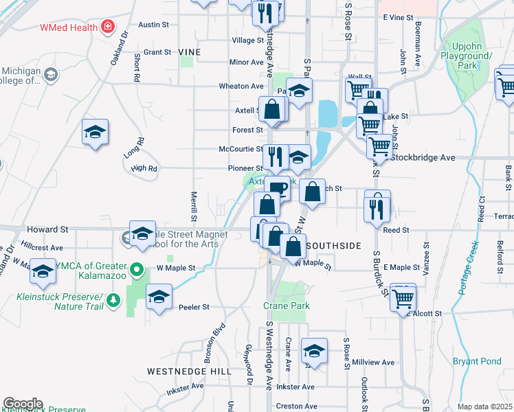 map of restaurants, bars, coffee shops, grocery stores, and more near 530 West Crosstown Parkway in Kalamazoo
