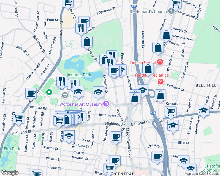 map of restaurants, bars, coffee shops, grocery stores, and more near 10 Faraday Street in Worcester