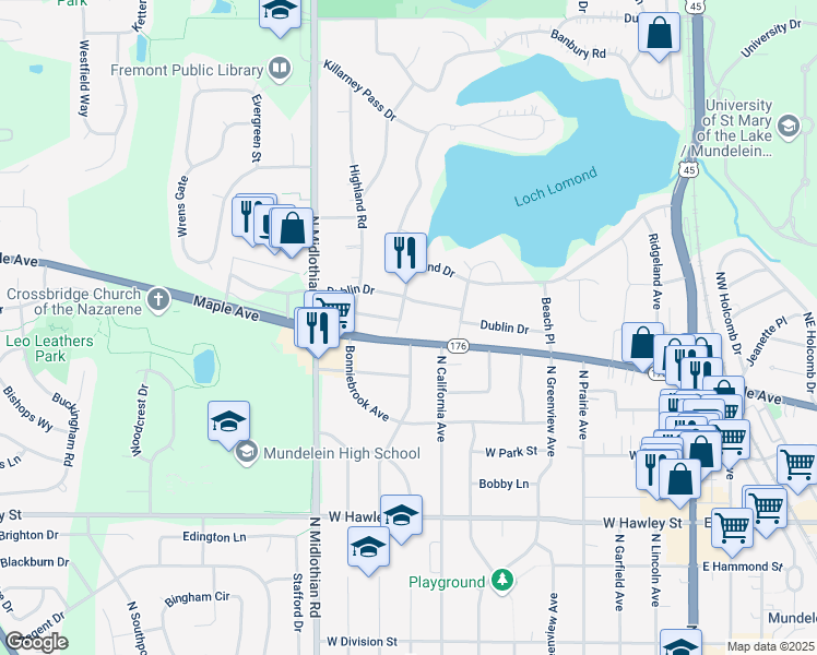 map of restaurants, bars, coffee shops, grocery stores, and more near 728 Firth Road in Mundelein