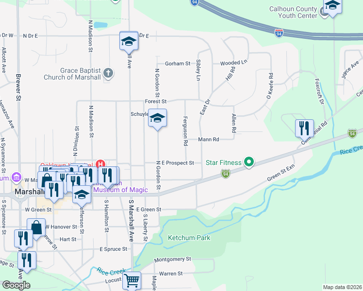 map of restaurants, bars, coffee shops, grocery stores, and more near 406 Ferguson Road in Marshall