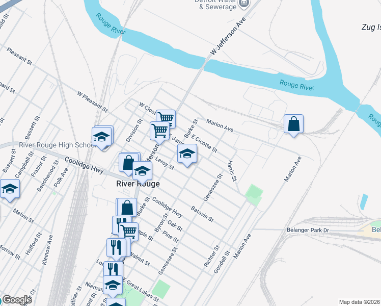 map of restaurants, bars, coffee shops, grocery stores, and more near 121 Burke Street in River Rouge