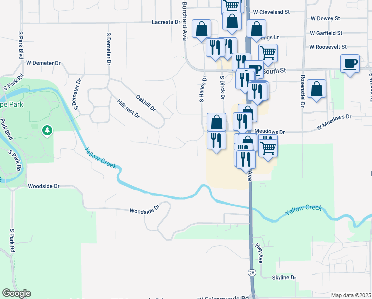 map of restaurants, bars, coffee shops, grocery stores, and more near 1028 Meadows Drive in Freeport