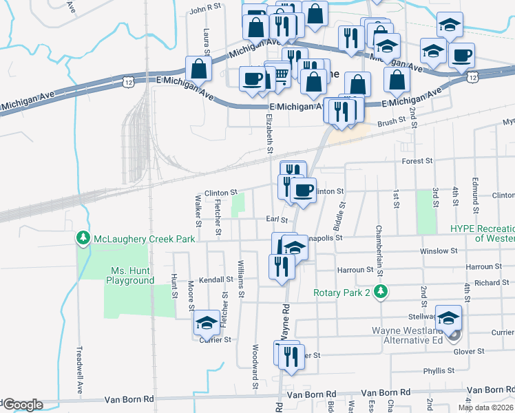 map of restaurants, bars, coffee shops, grocery stores, and more near 4355 Woodward Street in Wayne