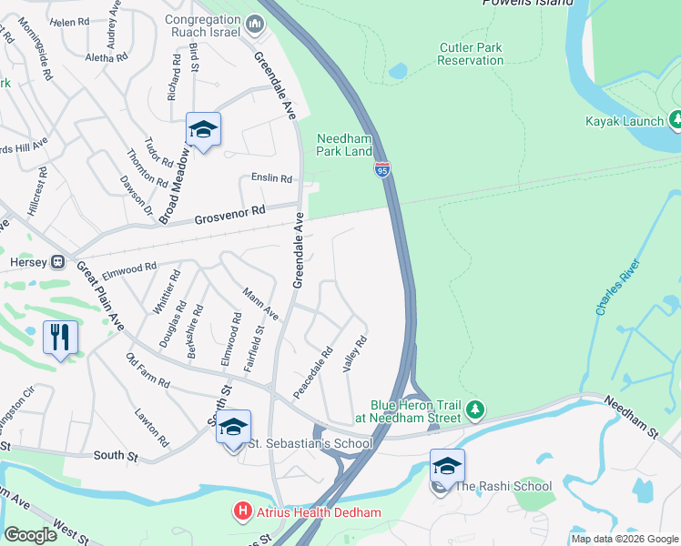 map of restaurants, bars, coffee shops, grocery stores, and more near 50 Valley Road in Needham
