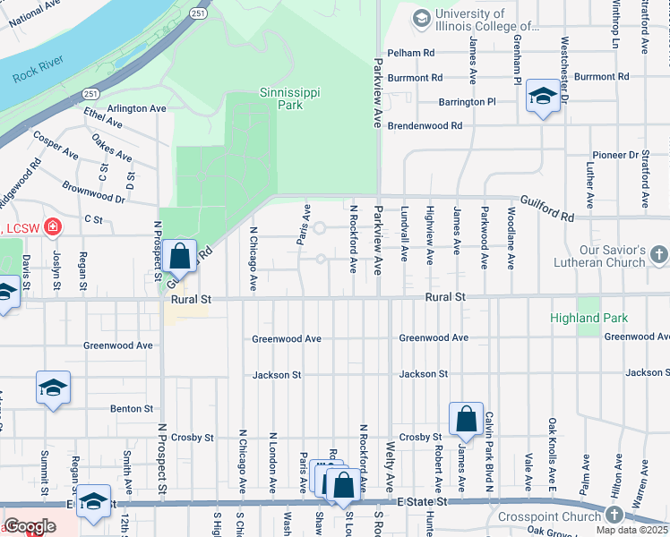 map of restaurants, bars, coffee shops, grocery stores, and more near 2210 Oaklawn Avenue in Rockford