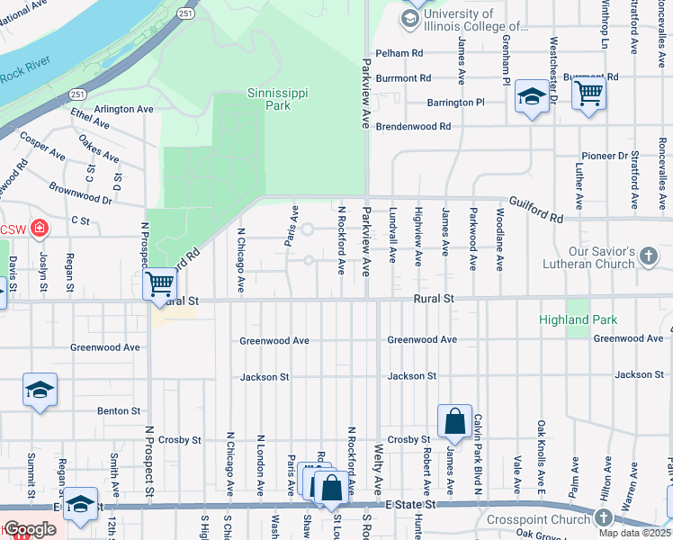map of restaurants, bars, coffee shops, grocery stores, and more near 730 North Rockford Avenue in Rockford