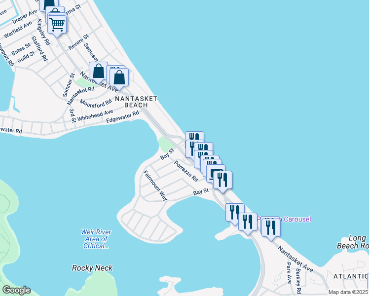 map of restaurants, bars, coffee shops, grocery stores, and more near 305 Nantasket Avenue in Hull
