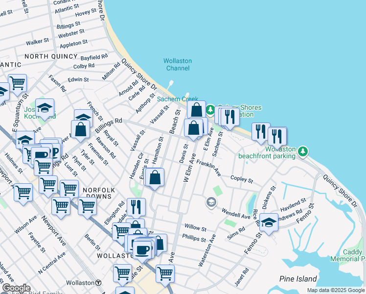 map of restaurants, bars, coffee shops, grocery stores, and more near 119 Bromfield Street in Quincy