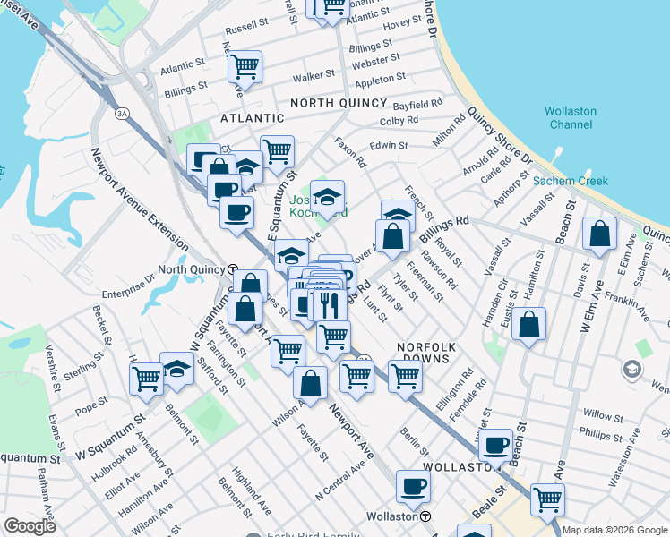 map of restaurants, bars, coffee shops, grocery stores, and more near 250 Newbury Avenue in Quincy