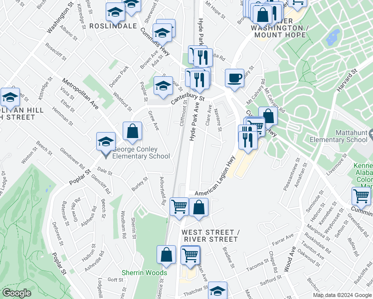 map of restaurants, bars, coffee shops, grocery stores, and more near 710 Hyde Park Avenue in Boston