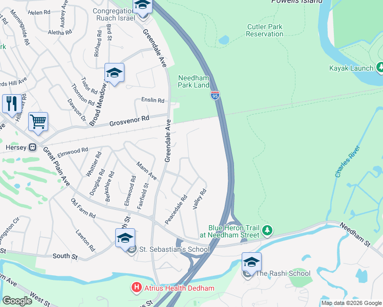 map of restaurants, bars, coffee shops, grocery stores, and more near 50 Valley Road in Needham