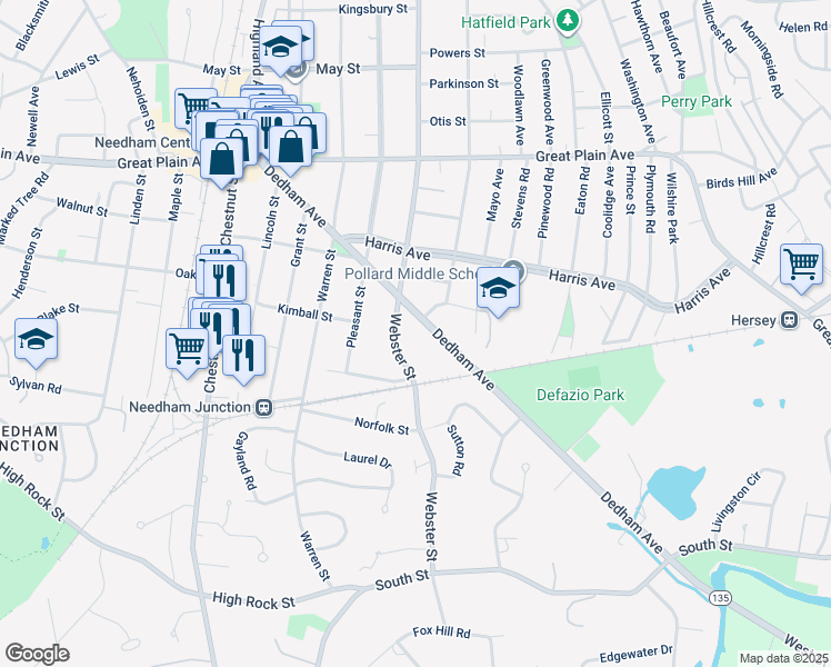 map of restaurants, bars, coffee shops, grocery stores, and more near 213 Dedham Avenue in Needham