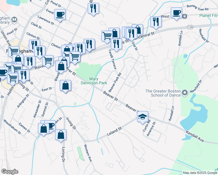 map of restaurants, bars, coffee shops, grocery stores, and more near 11 Marian Road in Framingham
