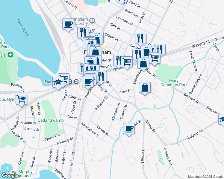 map of restaurants, bars, coffee shops, grocery stores, and more near 19 Taylor Street in Framingham
