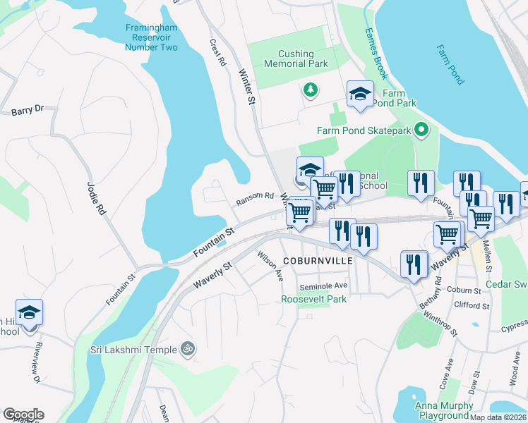 map of restaurants, bars, coffee shops, grocery stores, and more near 755 Winter Street in Framingham