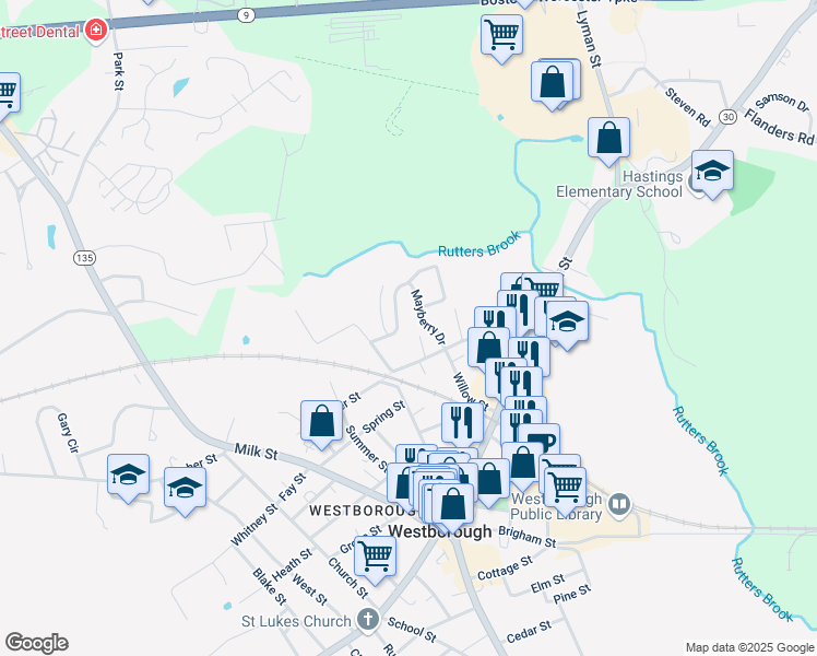 map of restaurants, bars, coffee shops, grocery stores, and more near 14 Mayberry Drive in Westborough