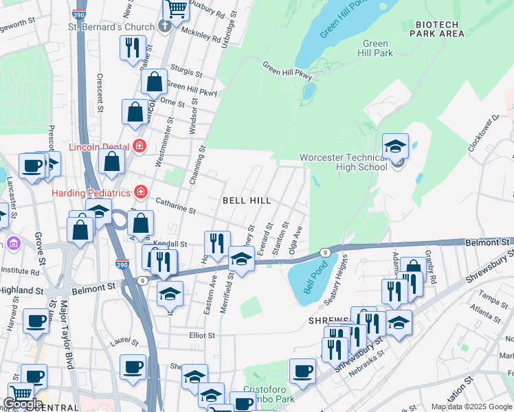 map of restaurants, bars, coffee shops, grocery stores, and more near in Worcester