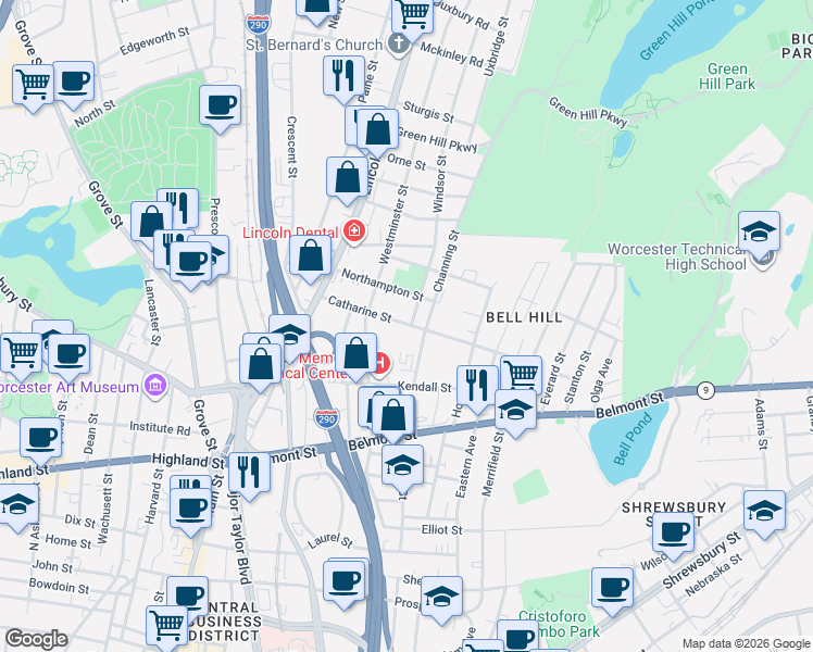 map of restaurants, bars, coffee shops, grocery stores, and more near 8 Windsor Street in Worcester