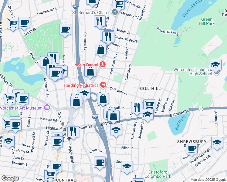 map of restaurants, bars, coffee shops, grocery stores, and more near 6 Westminster Street in Worcester