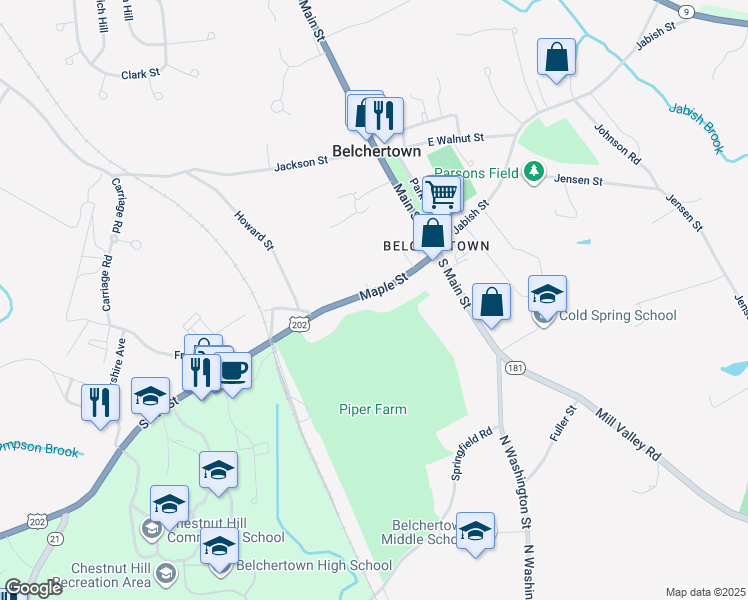 map of restaurants, bars, coffee shops, grocery stores, and more near 36 Maple Street in Belchertown