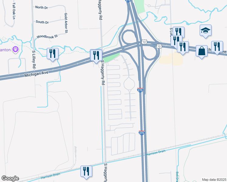 map of restaurants, bars, coffee shops, grocery stores, and more near 41275 Old Michigan Avenue in Canton