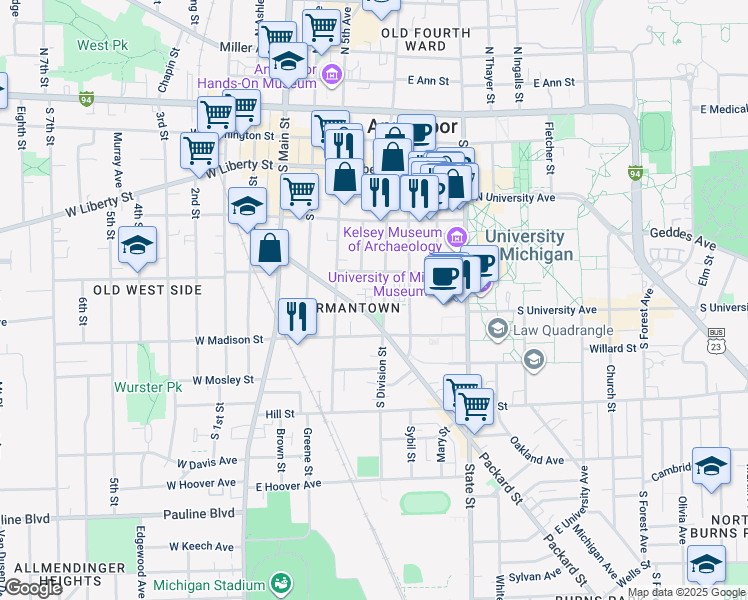 map of restaurants, bars, coffee shops, grocery stores, and more near 328 East Jefferson Street in Ann Arbor