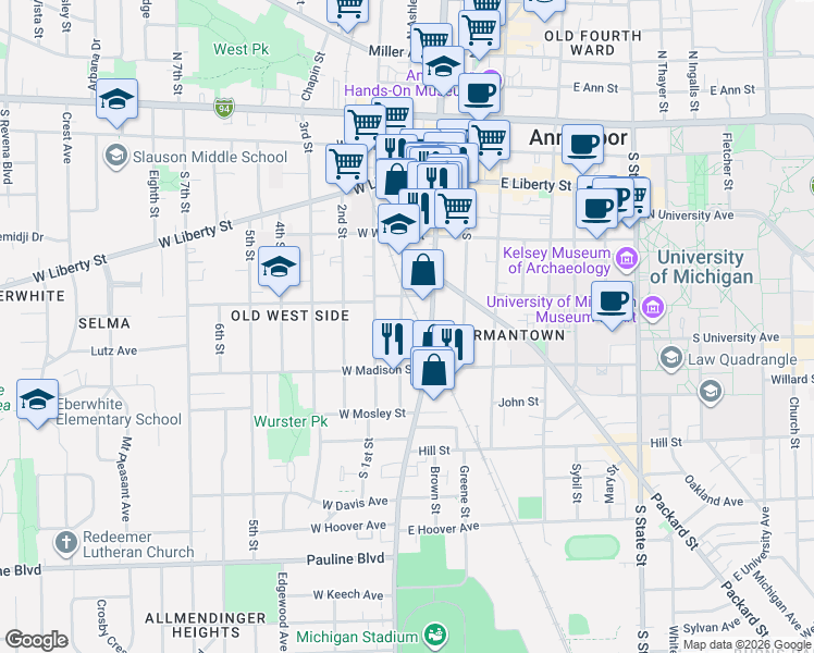 map of restaurants, bars, coffee shops, grocery stores, and more near 502 South Main Street in Ann Arbor